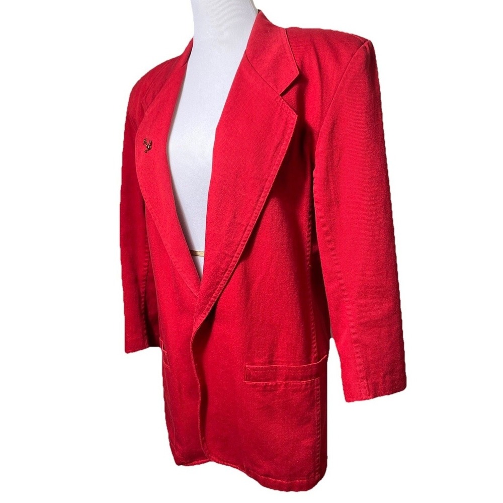 Vintage 80s Lizwear Red‎ Denim Blazer Jacket Size 6 Cotton w/ Brooch